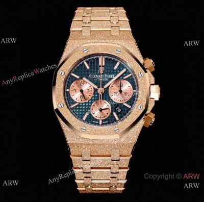 OMF 1:1 Copy Audemars Piguet Royal Oak Chronograph Rose Frosted Gold Watch Blue Dial